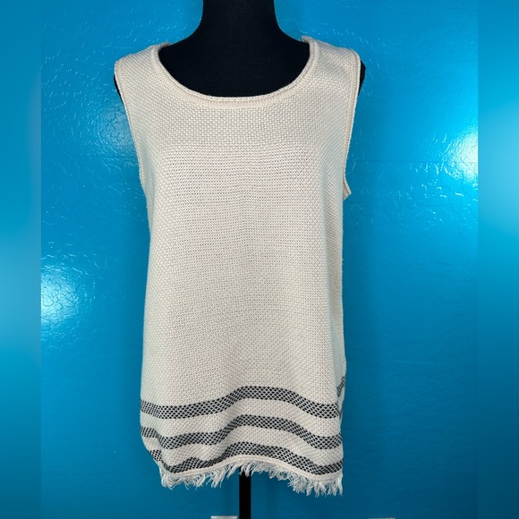 APT 9 Women's sleeveless Beige top black Stripes Fringe Sz M - Picture 9 of 9